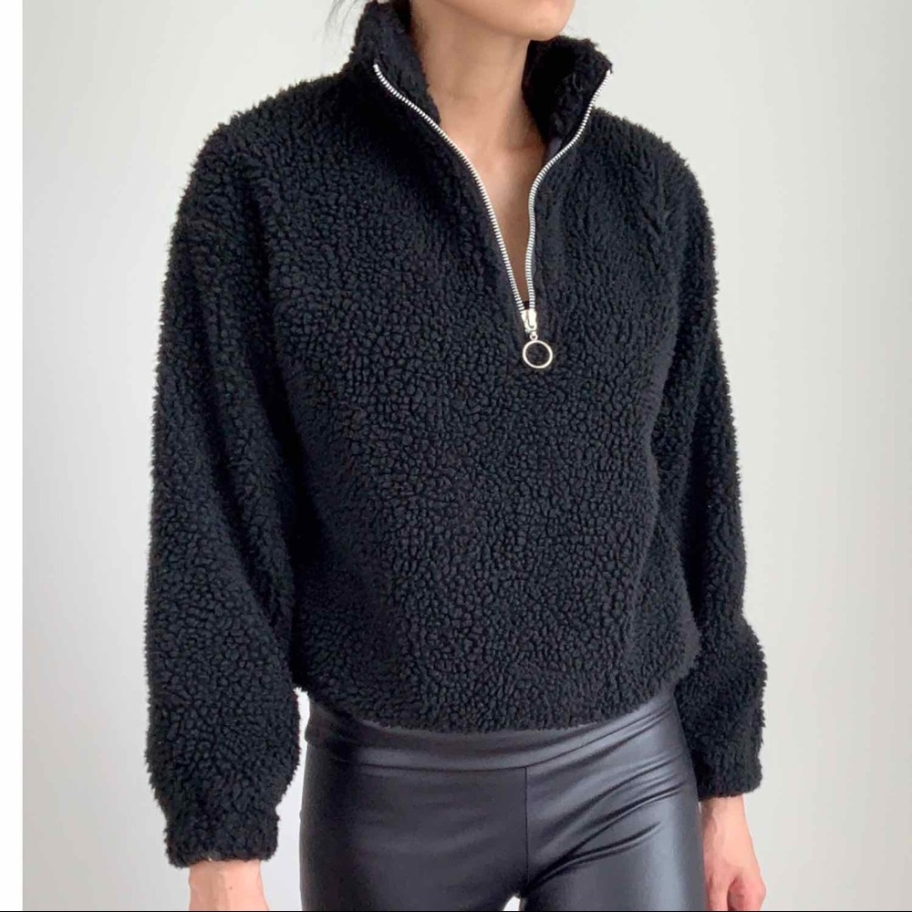 SHERPA HALF ZIP BOMBER SWEATER - BLACK - Picture 13 of 14